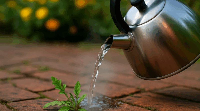 Eau bouillante versée d’une bouilloire sur une mauvaise herbe entre des briques, avec vapeur et jardin flou en arrière-plan.
