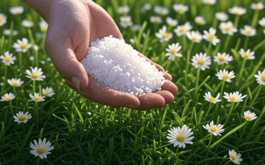 Une main ouverte tient une poignée de gros sel blanc au-dessus d'un champ verdoyant parsemé de pâquerettes blanches et jaunes, sous une lumière douce de coucher de soleil, évoquant un contraste mystérieux entre la nature florissante et le sel potentiellement destructeur.